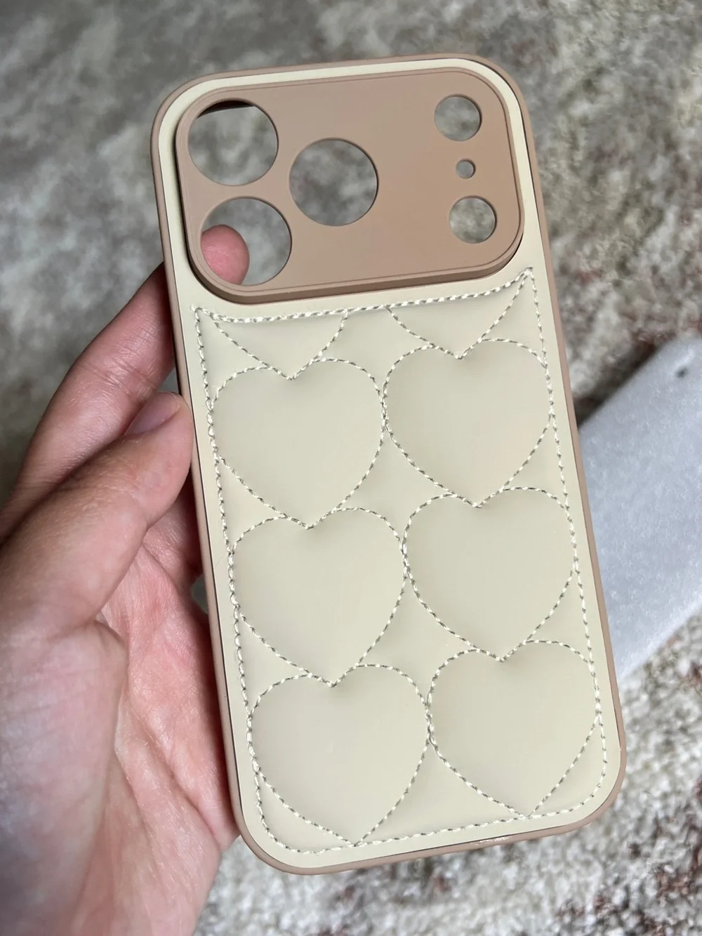 iPhone 17 Pro Cream Quilted Heart Phone Case - Soft-Touch Protective Cover